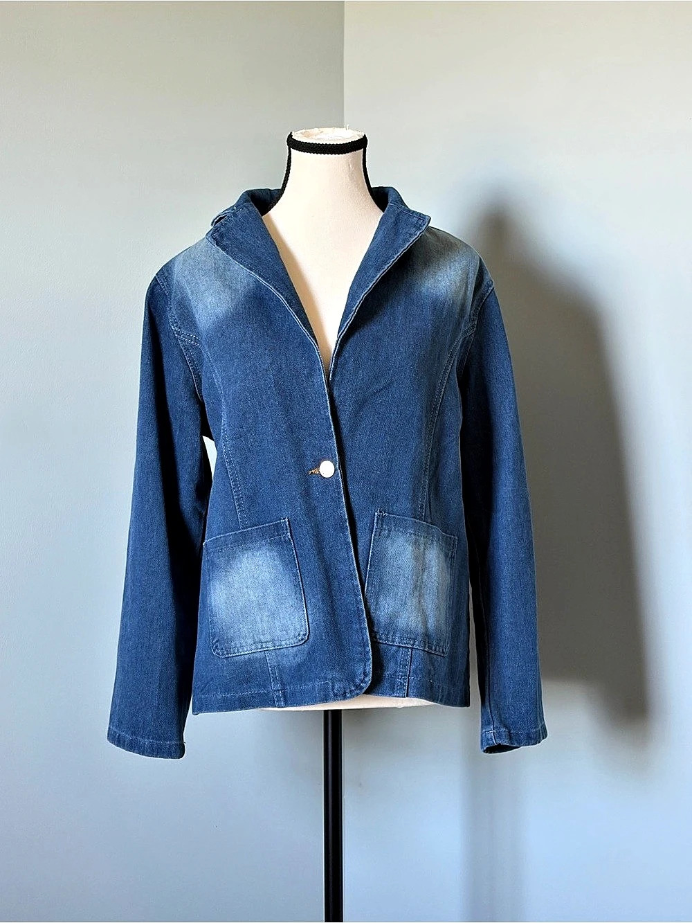 🔥🆕🔥 Women's Denim Blazer Jacket Medium Blue Wash Single Button Pockets 2XL